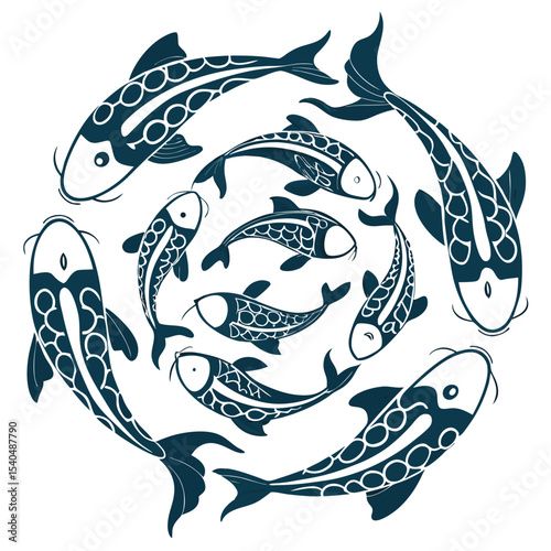A circular arrangement of stylized koi fish in a decorative japanese design