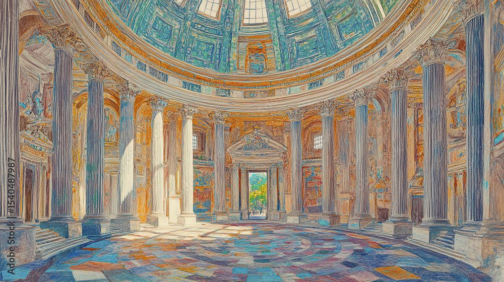 Obraz premium Interior of historic rotunda with colorful light and intricate columns, evoking sense of wonder