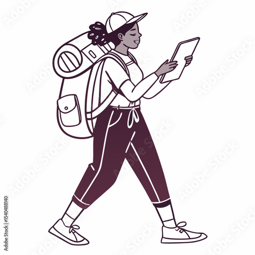 Walking woman backpacker using tablet digital nomad