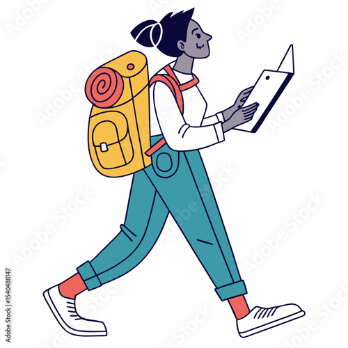 Walking woman backpacker holding map, clean cutout