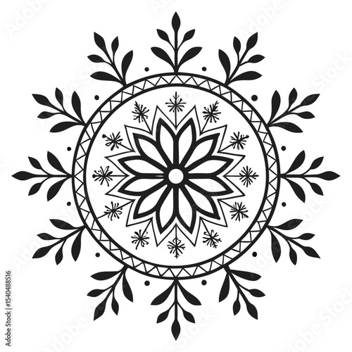 Elegant black and white floral mandala vector with decorative leaves and geometric details