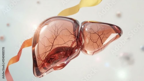 Transparent 3D Liver with Vessels and Yellow Ribbon – Symbol of Hepatitis Prevention