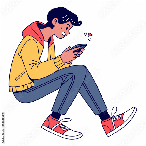 Young man sitting using smartphone, clean cutout