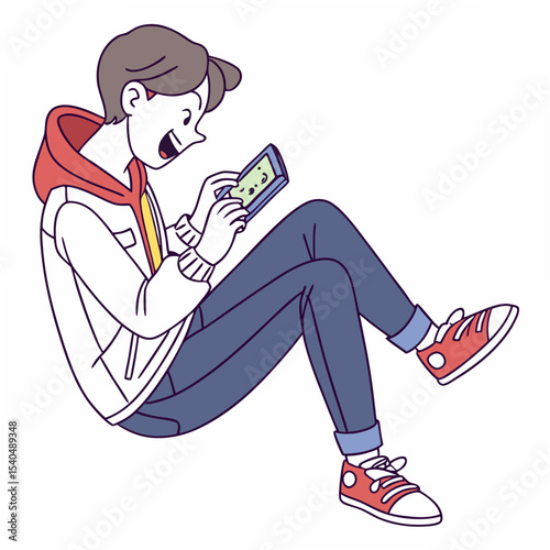 Teenager boy using smartphone sitting floor casual outfit