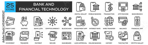Bank and Financial Technology icon collection set. Containing design Digital Wallet, Mobile Banking, Online Transaction, ATM Machine, Bank Branch