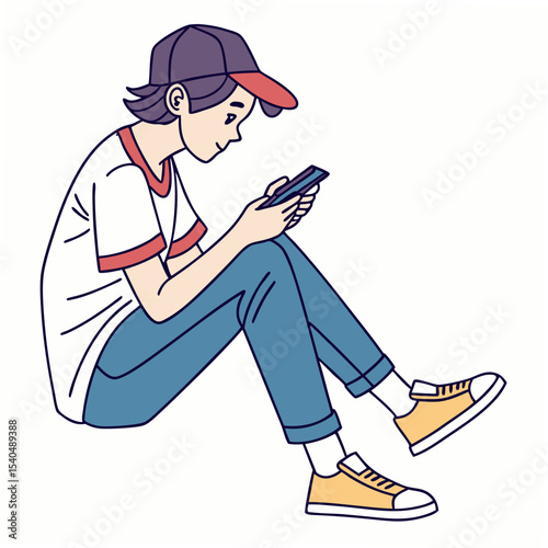 Teenager boy sitting using smartphone, clean cutout