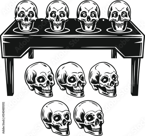 Human skulls on a table in vintage monochrome style illustration concept