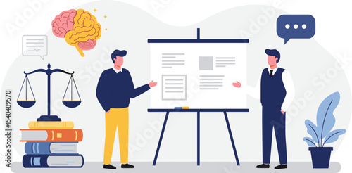 Collaborative Brainstorming Session with Legal and Educational Elements, Featuring a Whiteboard, Books, and a Scales of Justice flat vector illustration