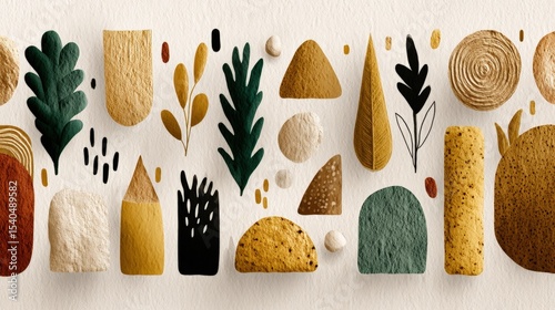 Colorful abstract arrangement of natural shapes and textures on a neutral background, ideal for design