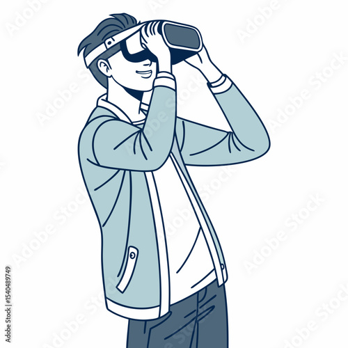 Young man experiencing virtual reality headset technology