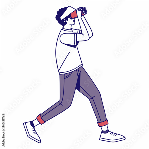 Young man using virtual reality headset on white background