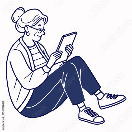 Senior woman sitting floor using tablet device