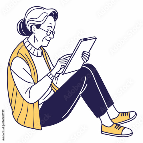 Senior woman using tablet sitting floor happy
