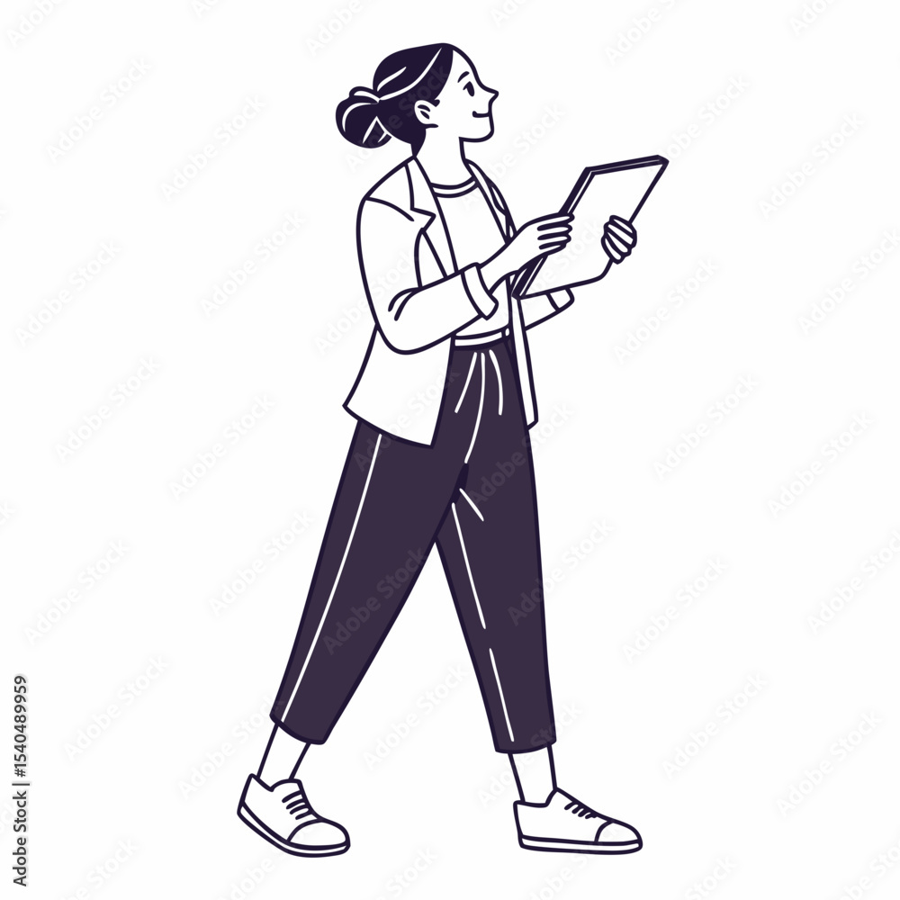 Professional woman walking tablet device clean cutout Professional woman walking tablet device clean cutout