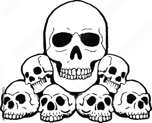 Pile of Skulls Illustration in Black and White for Halloween