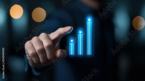 Navigating Growth: A modern business professional interacts with a holographic representation of a growth chart, symbolizing progress, and future success in a dynamic, technology-driven era.
