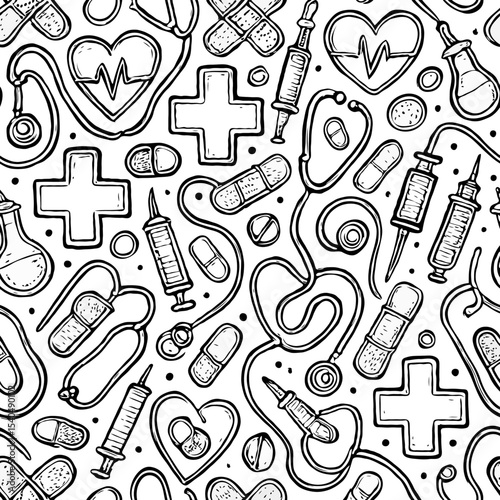  Medical Tools and Symbols Seamless Pattern Coloring Page - Healthcare Background