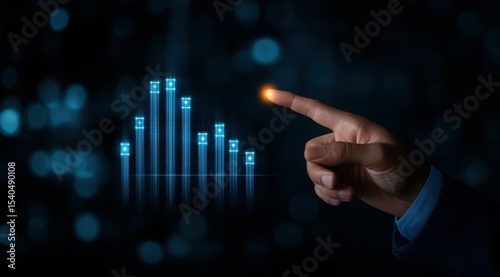 **Navigating the Digital Frontier: A Hand Illuminates Growth Dynamics** A hand gestures towards a dynamic graph, illuminating data-driven strategies and digital transformation