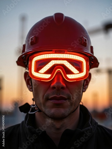 Construction worker wearing illuminated goggles at sunset outdoors  