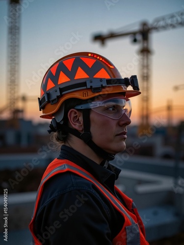 Construction worker wearing a safety helmet at sunset on site  