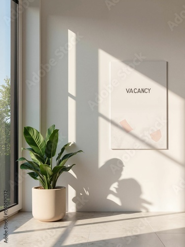Indoor plant in modern pot beside wall with vacancy sign and sunlight  