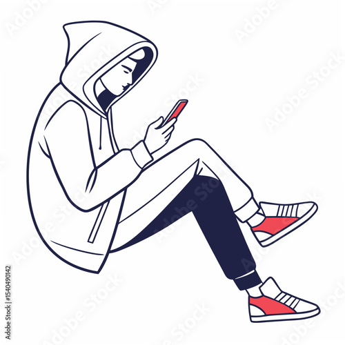 Hooded person using smartphone, clean cutout illustration