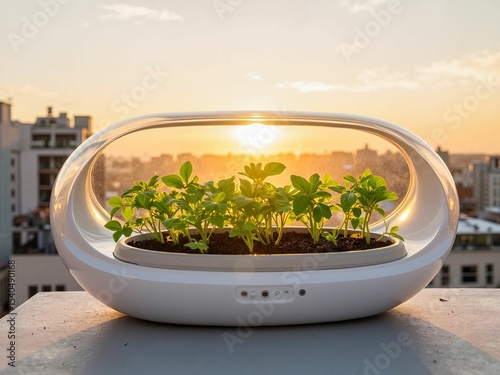 Indoor herb garden in a modern planter under sunset glow  