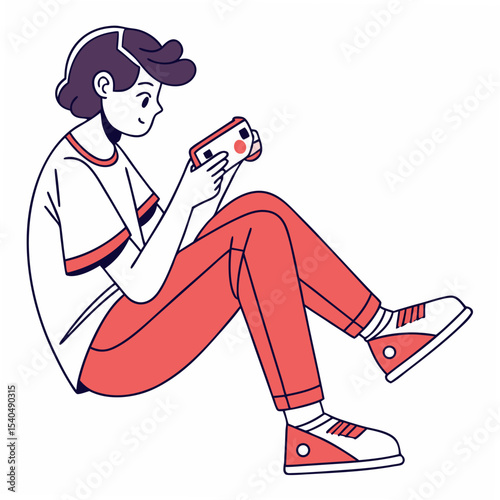 Young person playing handheld video game on white background