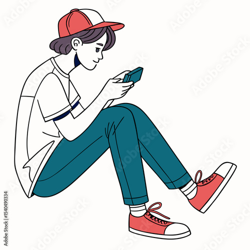 Teenager boy sitting playing mobile game