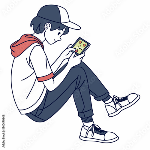 Boy playing mobile game sitting floor casual