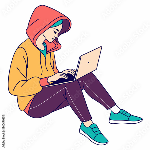 Young woman working on laptop while sitting