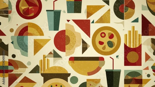 Colorful abstract collage of food and drink items with geometric shapes and textures