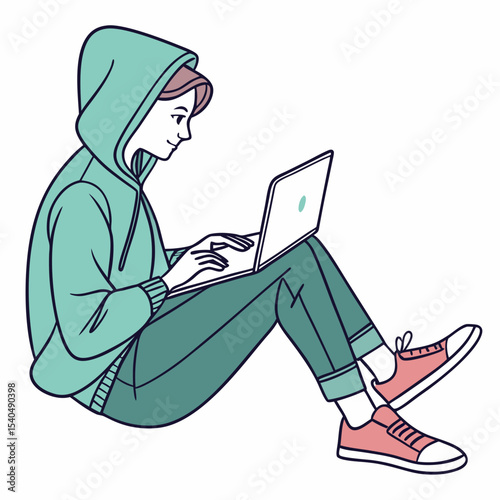 Young person working on laptop while seated