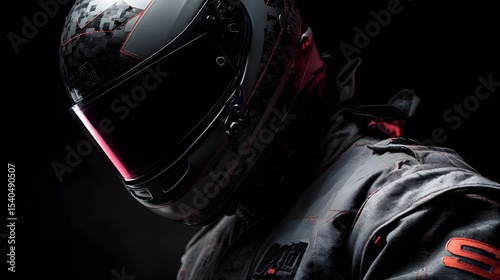 Professional racer wearing a full racing suit and protective helmet, standing confidently against a dramatic dark background