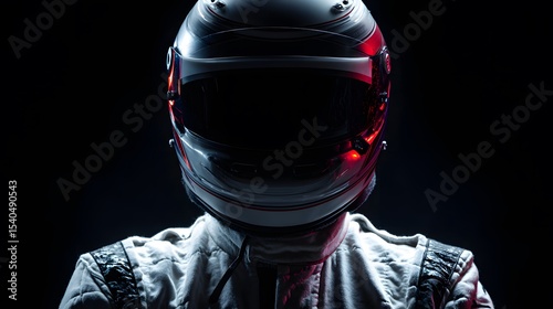 Professional racer wearing a full racing suit and protective helmet, standing confidently against a dramatic dark background