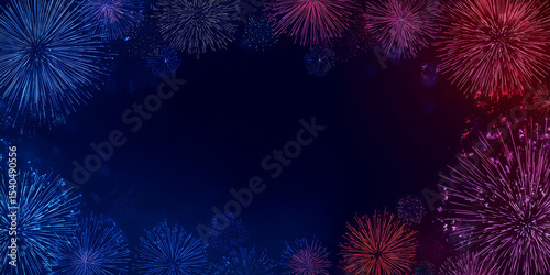 Dynamic border of vibrant red and blue fireworks framing a dark blue background, perfect for patriotic celebrations, festive events, and lively holiday promotions.