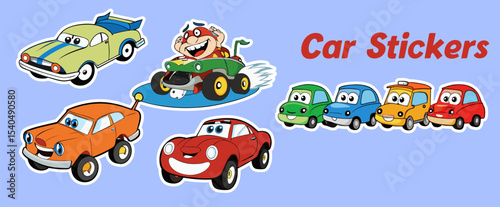 A big bundle of Cargo funny cars stickers. funny cartoon retro kids car isolated on white background