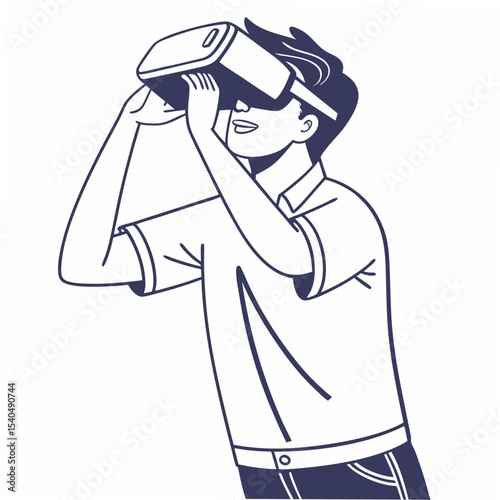 Young man experiencing virtual reality headset on white background