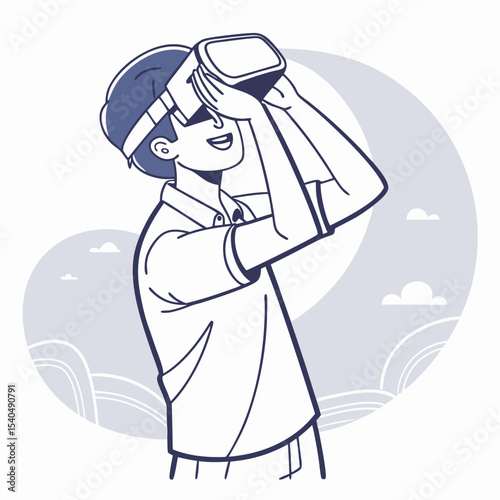 Young man experiencing virtual reality headset