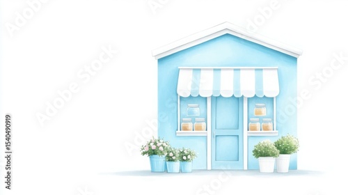 Sweet Shop Exterior: Charming watercolor illustration of a pastel-colored shop, complete with awning and potted plants, evoking warmth and inviting the viewer to step inside.