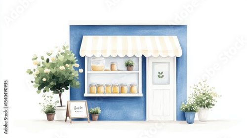 Quaint Shopfront Illustration: A charming watercolor illustration of a shopfront, with a cream-striped awning, a neatly organized shelf, and an inviting door.