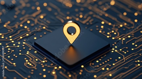 Digital Location Tracking: A golden location pin icon rests on a dark circuit board, symbolizing the precision and technological advancement in modern GPS navigation and location-based services.