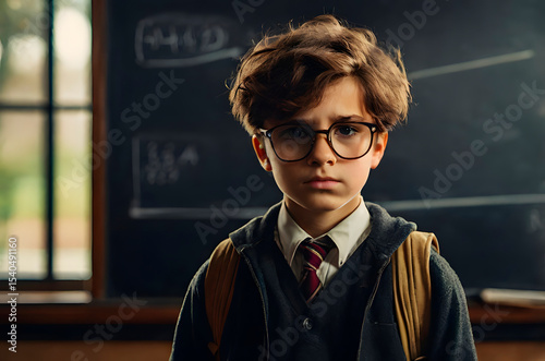 A despondent boy rests against the blackboard, his eyes filled with sorrow as he contemplates the difficulties of his academic life.
