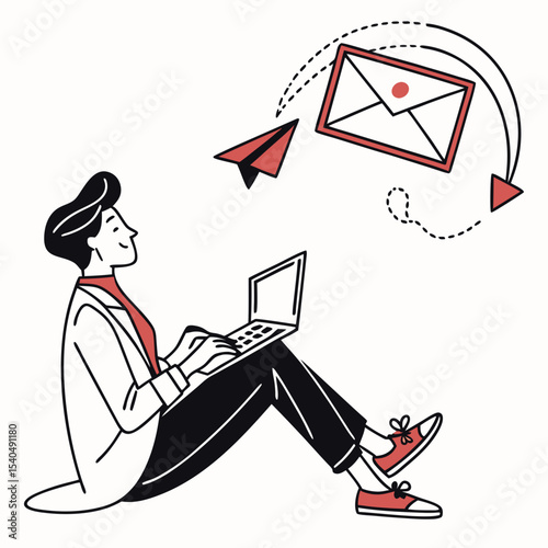 Young person working on laptop receiving email