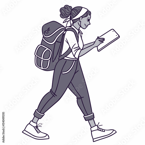 Walking woman backpack tablet digital nomad illustration