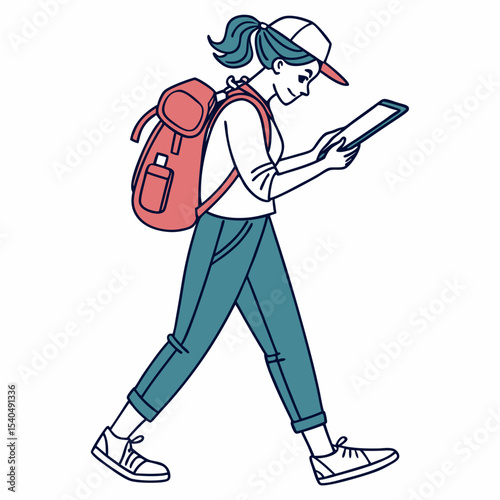 Walking woman tourist using tablet transparent background