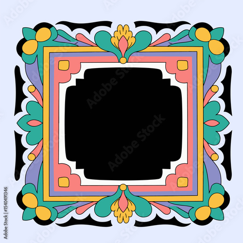 Ornate colorful frame with floral and geometric designs, perfect for text or images.