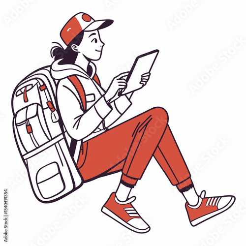Traveler woman using tablet backpack digital nomad