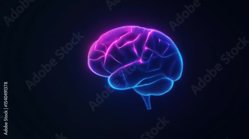 Neon Brain: A luminous, neon-lit representation of the human brain, glowing with vibrant colors against a deep, dark background, illustrating intelligence, thought, and consciousness.
