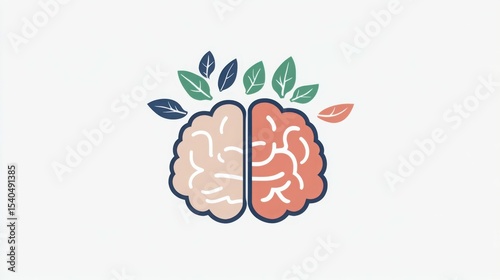 Brain Health and Nature's Essence: A visual representation of a healthy mind, with the brain elegantly divided into two parts, and adorned with fresh.